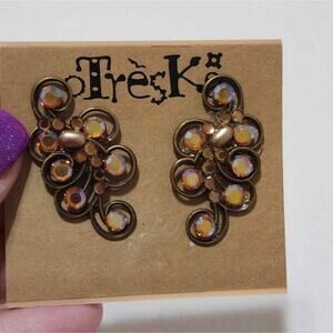 Treska Antique Brass Aurora Borealis Crystal Scroll Post Earrings Iridescent